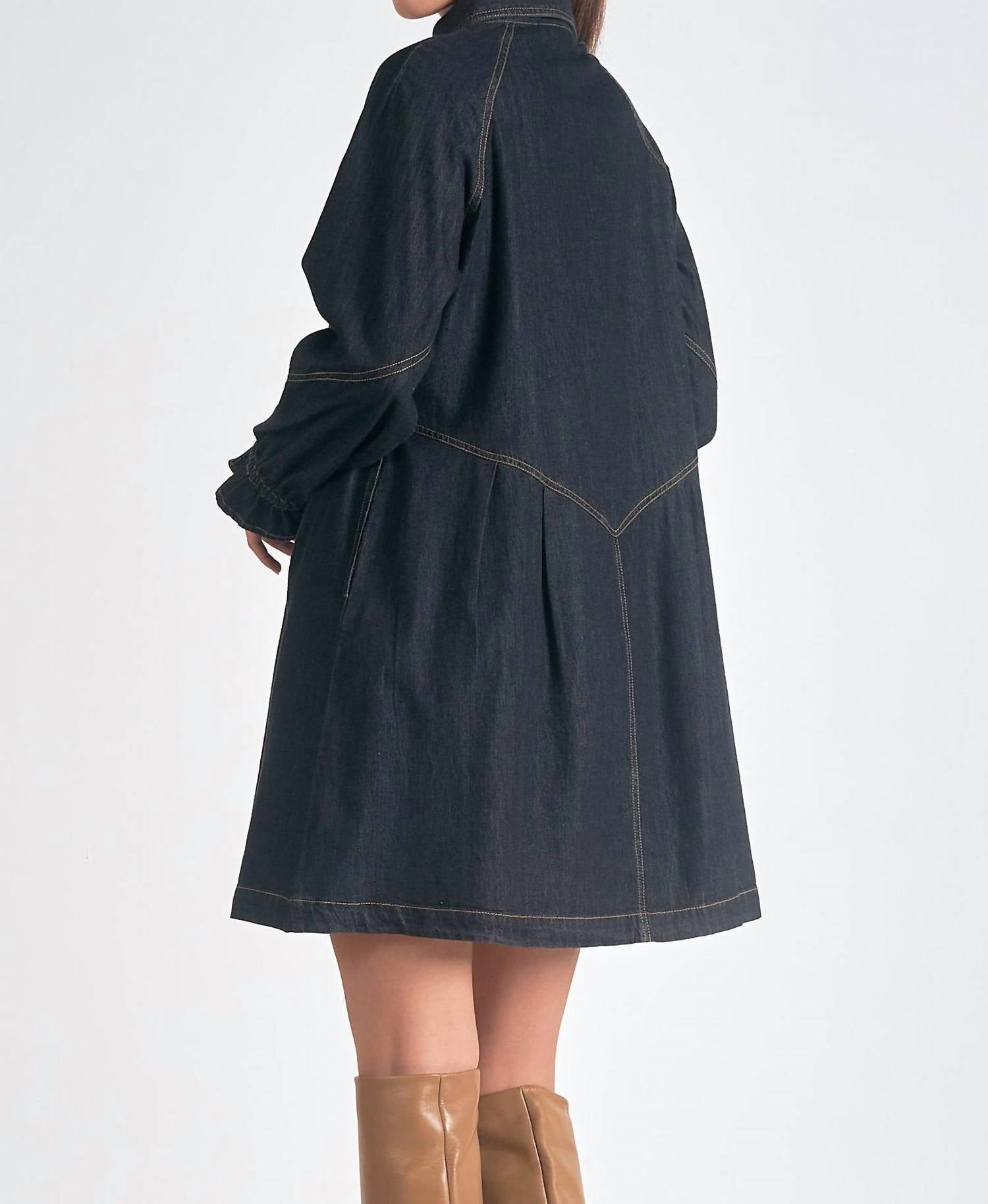 Elan - Long Sleeve Button Down A - line Denim Dress - black - clothing - cotton