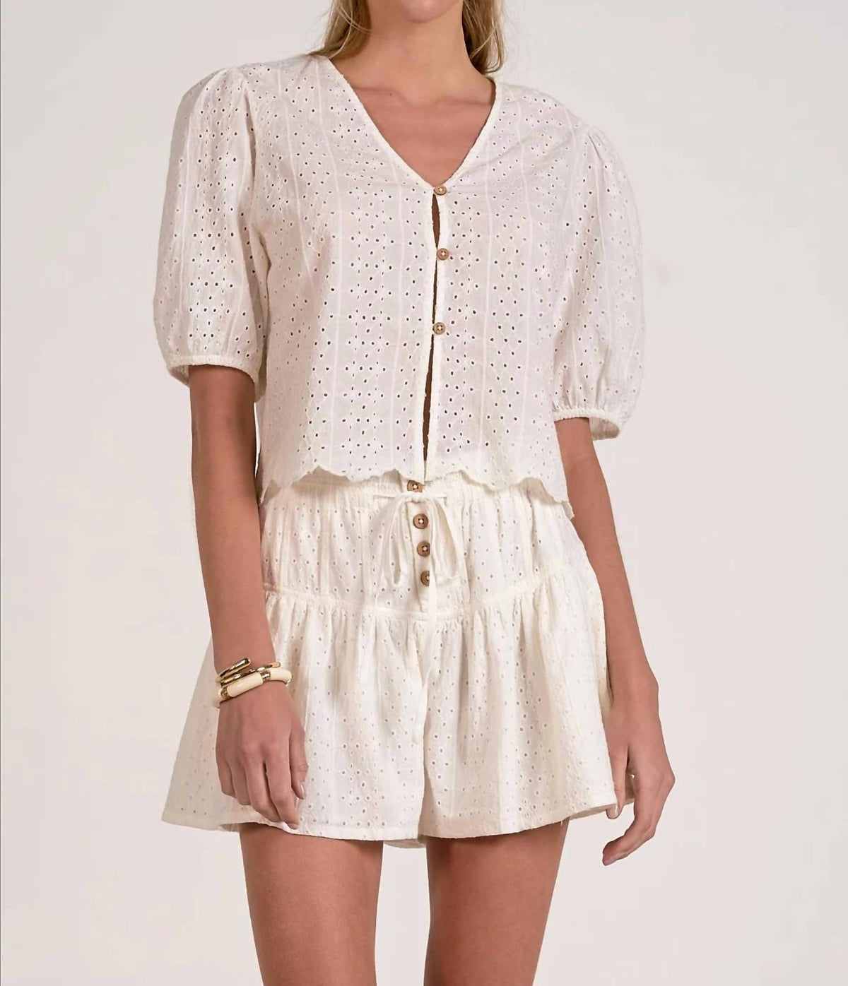 Elan - Olivia Eyelet V-neck Top