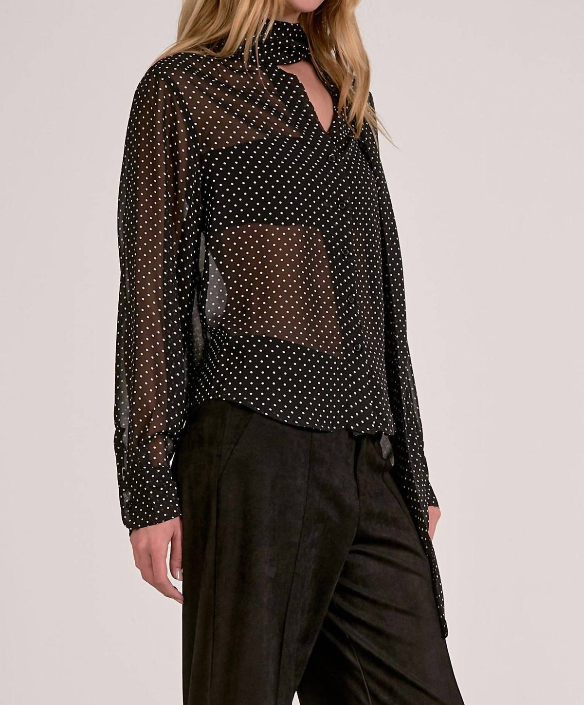 Elan - Polka Dot Bow Tie Blouse Top