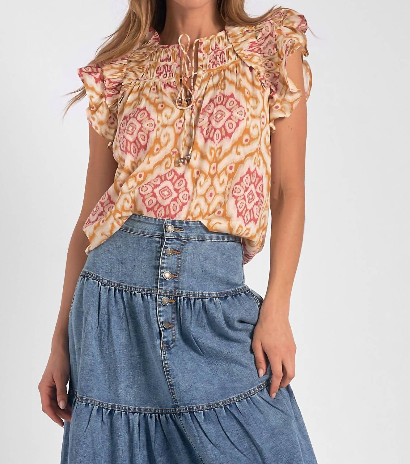 Elan - Ruffle Sleeve Tie Front Blouse - blouses - clothing - floral