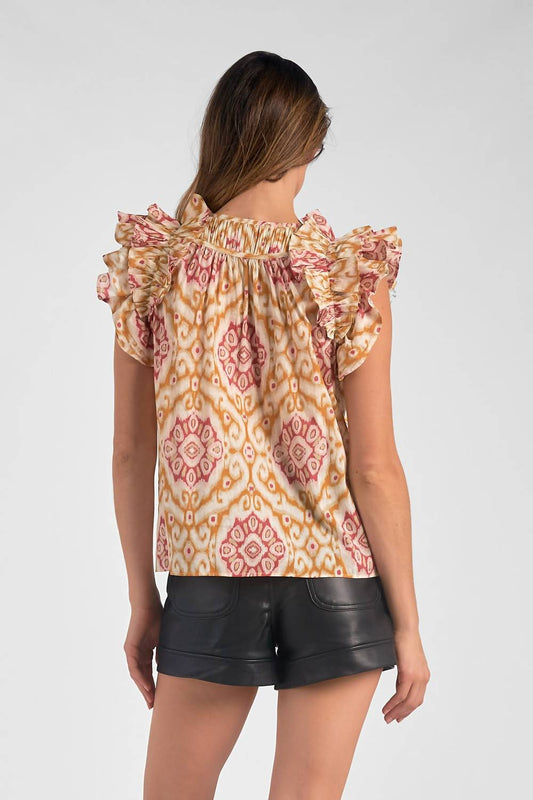 Elan - Ruffle Sleeve Tie Front Blouse - blouses - clothing - floral