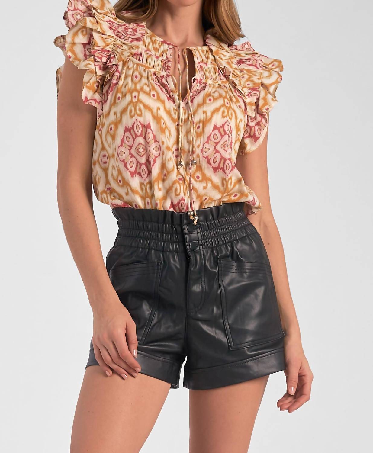 Elan - Ruffle Sleeve Tie Front Blouse - blouses - clothing - floral