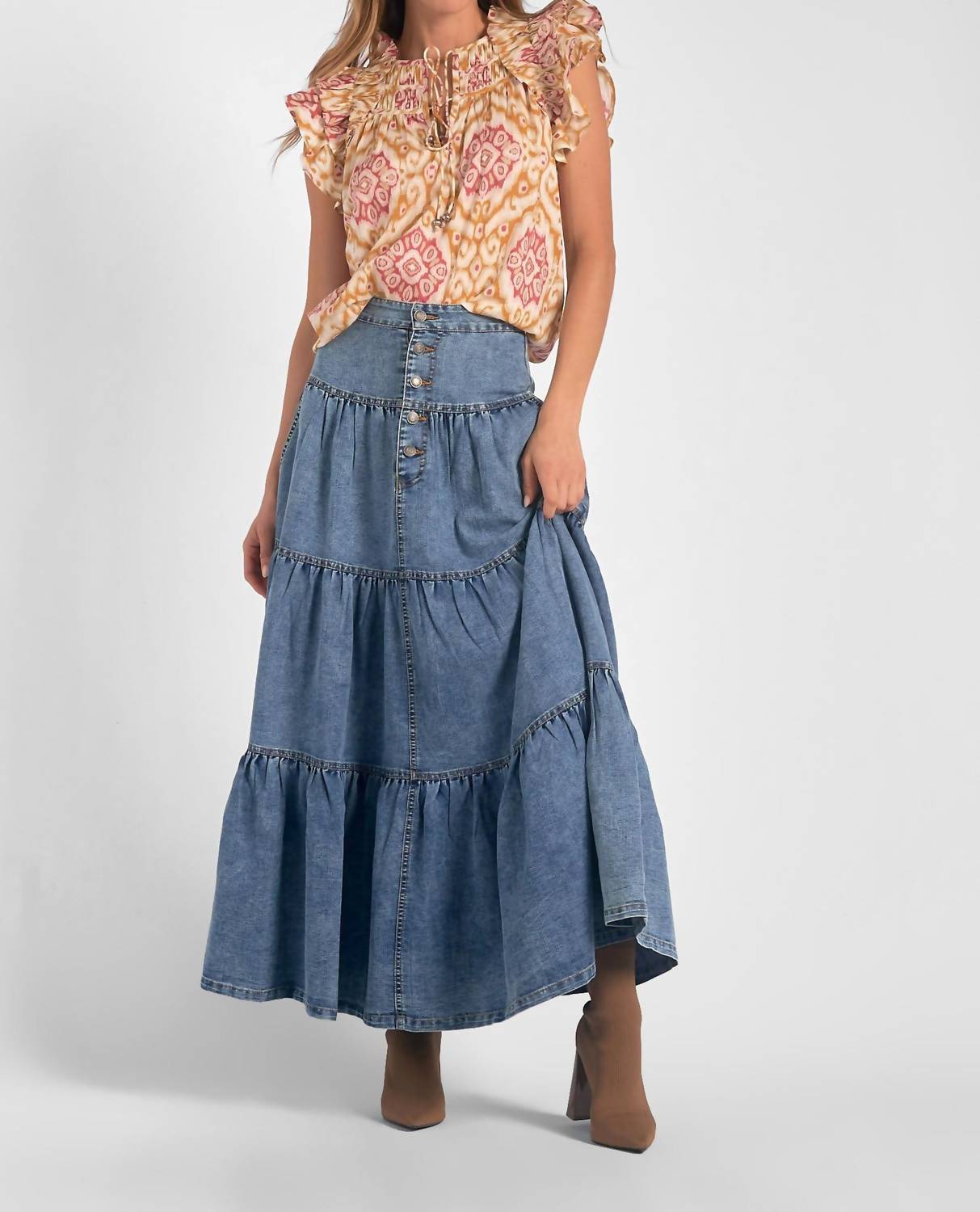 Elan - Ruffle Sleeve Tie Front Blouse - blouses - clothing - floral