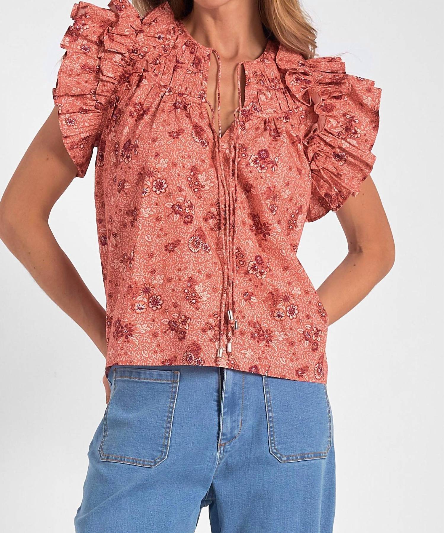 Elan - Short Sleeve Tie Front Blouse - blouses - clothing - floral