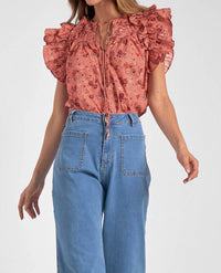 Elan - Short Sleeve Tie Front Blouse - blouses - clothing - floral