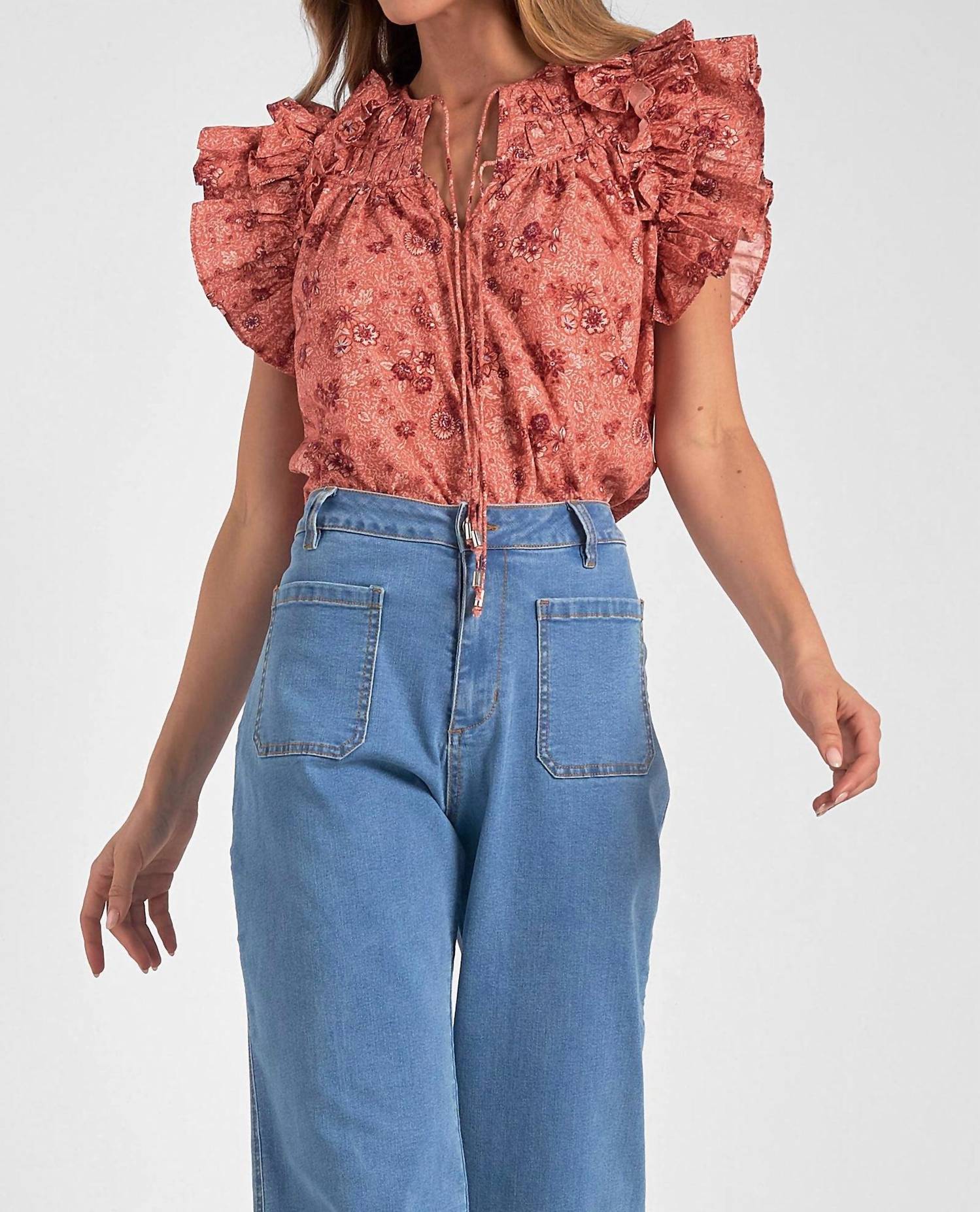 Elan - Short Sleeve Tie Front Blouse - blouses - clothing - floral