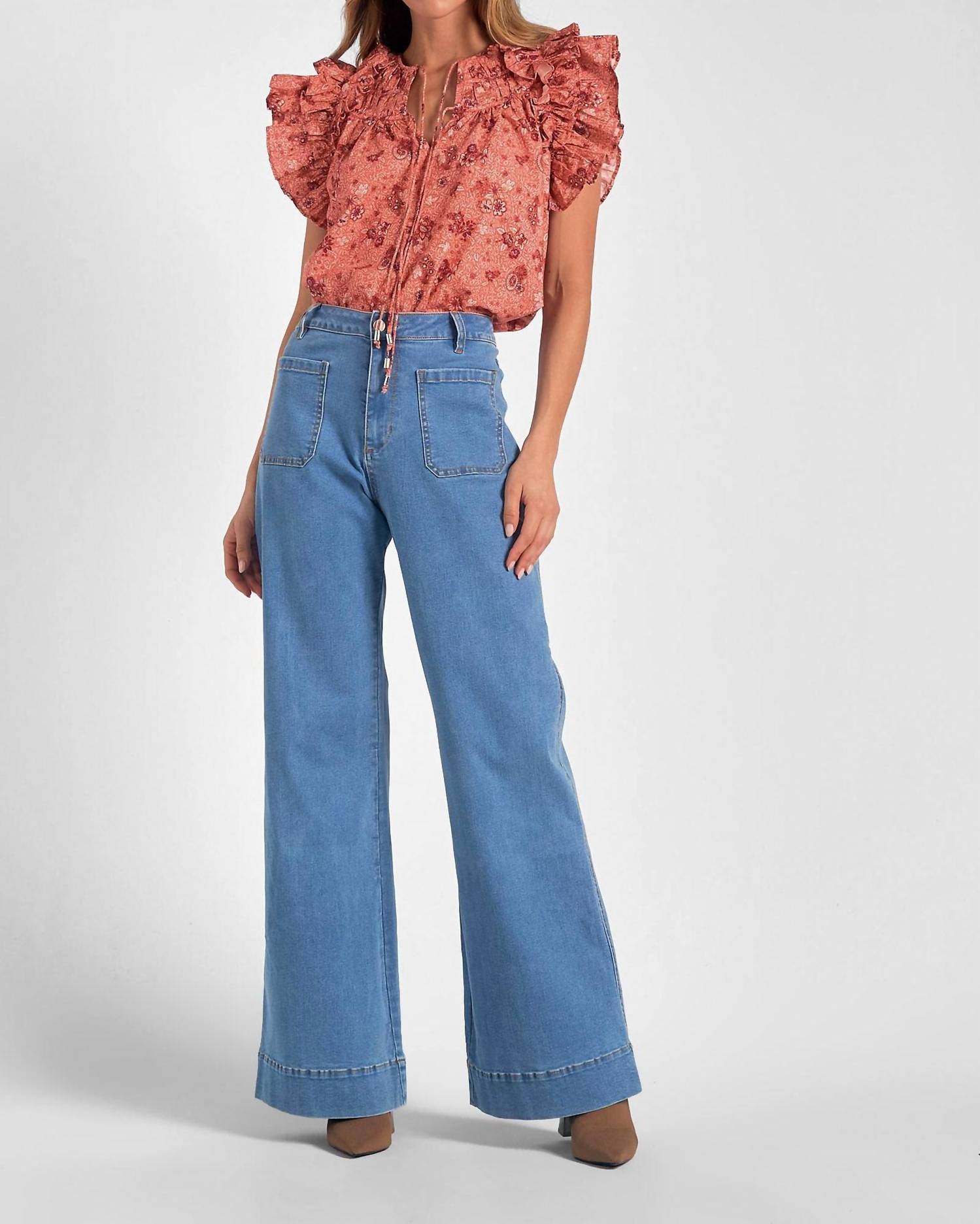 Elan - Short Sleeve Tie Front Blouse - blouses - clothing - floral
