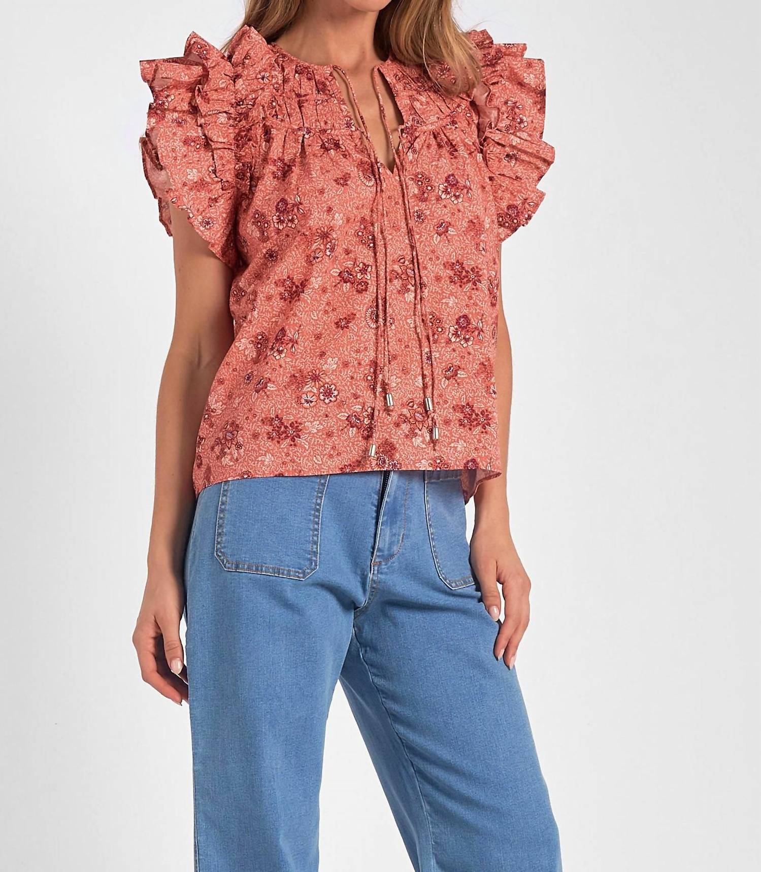 Elan - Short Sleeve Tie Front Blouse - blouses - clothing - floral