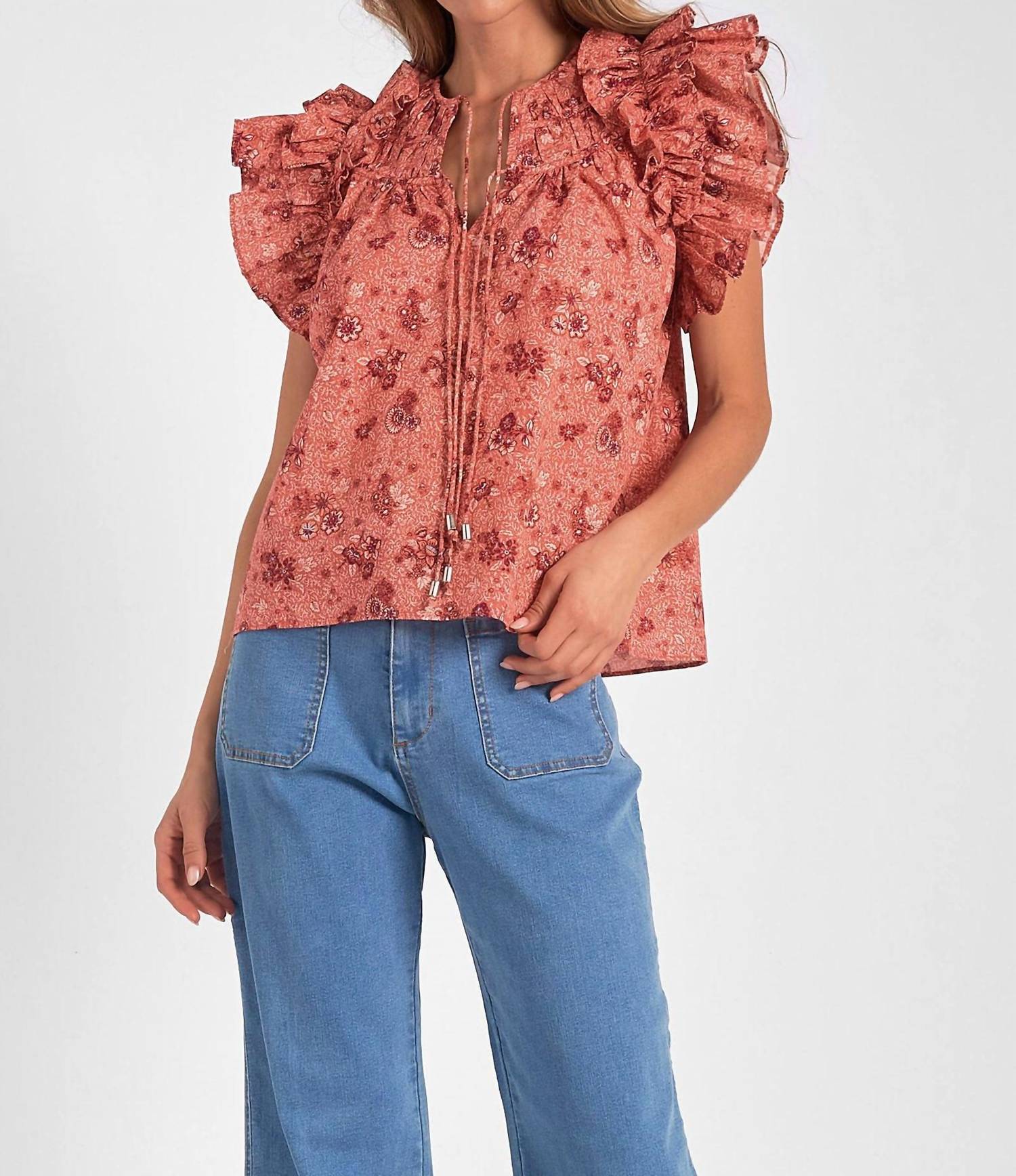 Elan - Short Sleeve Tie Front Blouse - blouses - clothing - floral