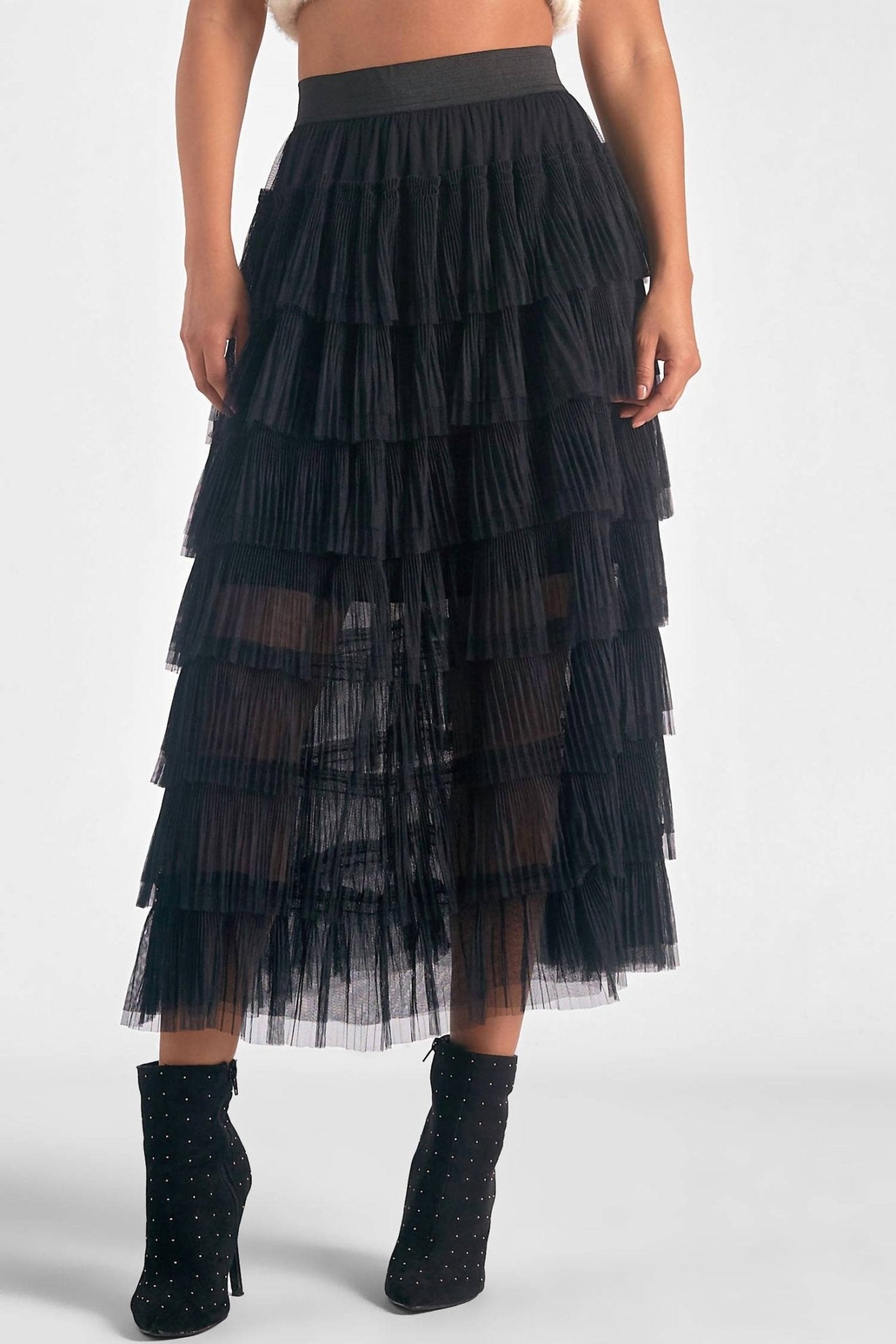 Elan - Tulle Layered Midi Skirt - black - clothing - knee - length - skirts