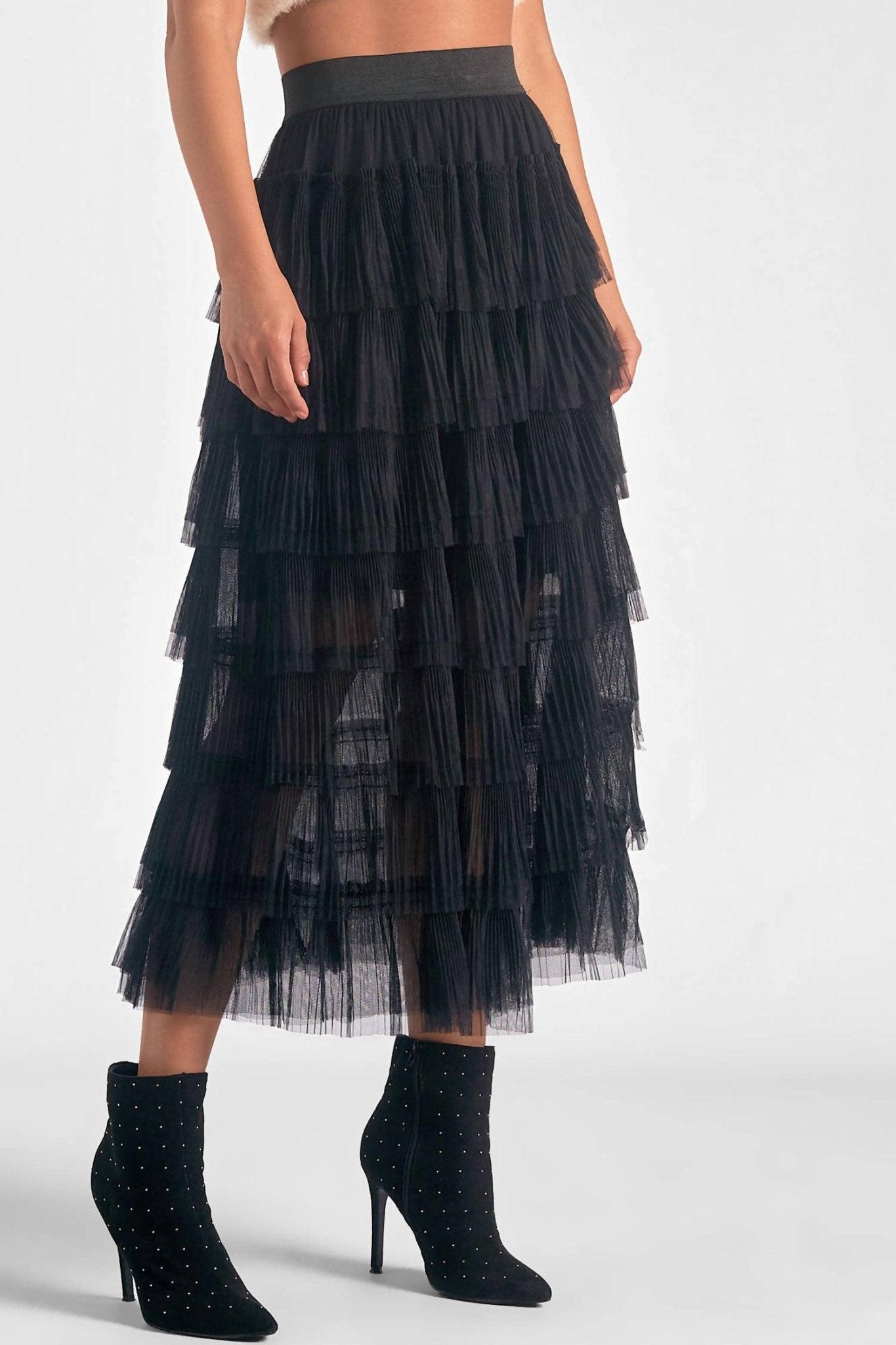 Elan - Tulle Layered Midi Skirt - black - clothing - knee - length - skirts