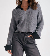 Elan - V - neck Attached Collar Sweater - acrylic - clothing - grey