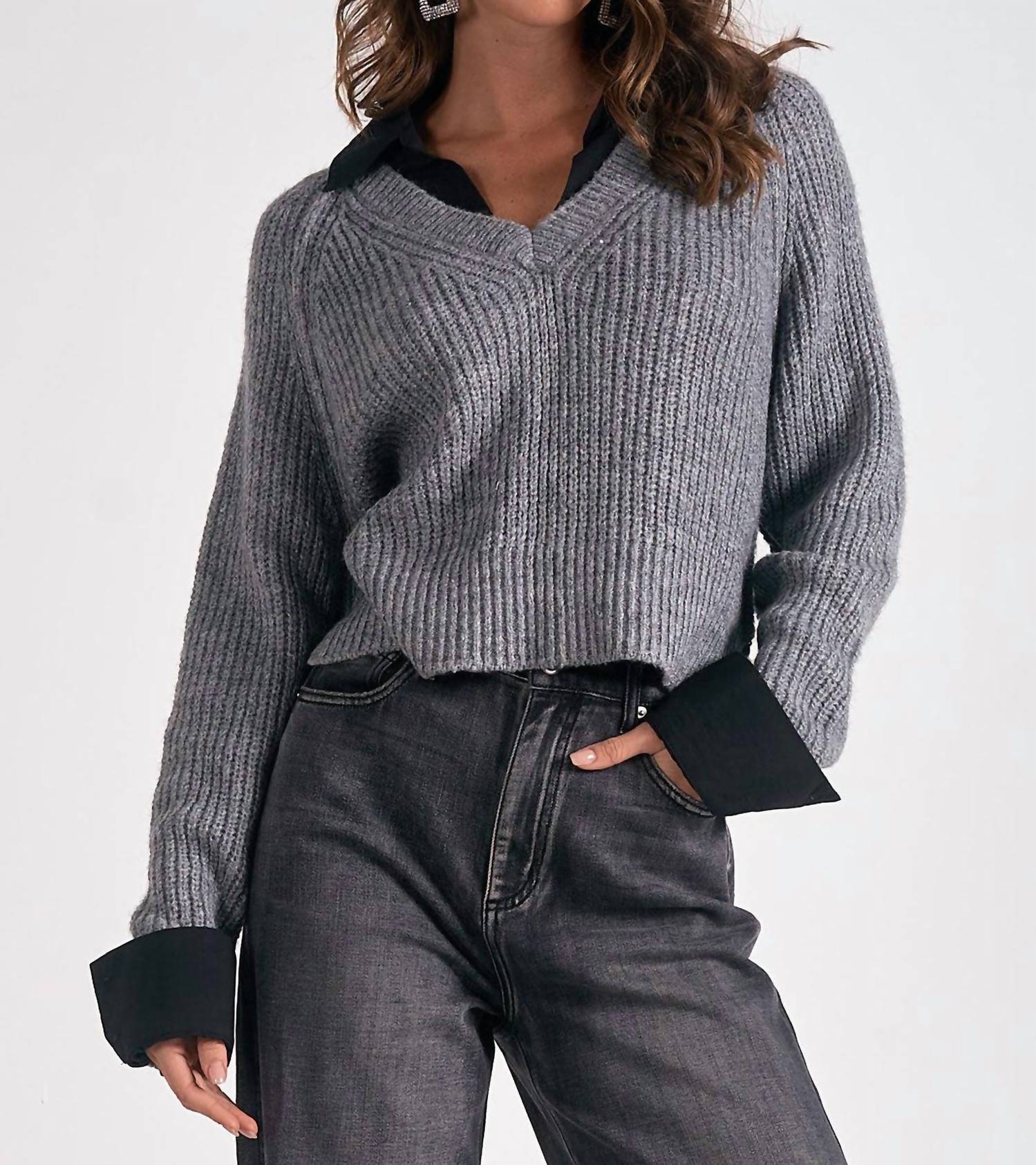 Elan - V - neck Attached Collar Sweater - acrylic - clothing - grey