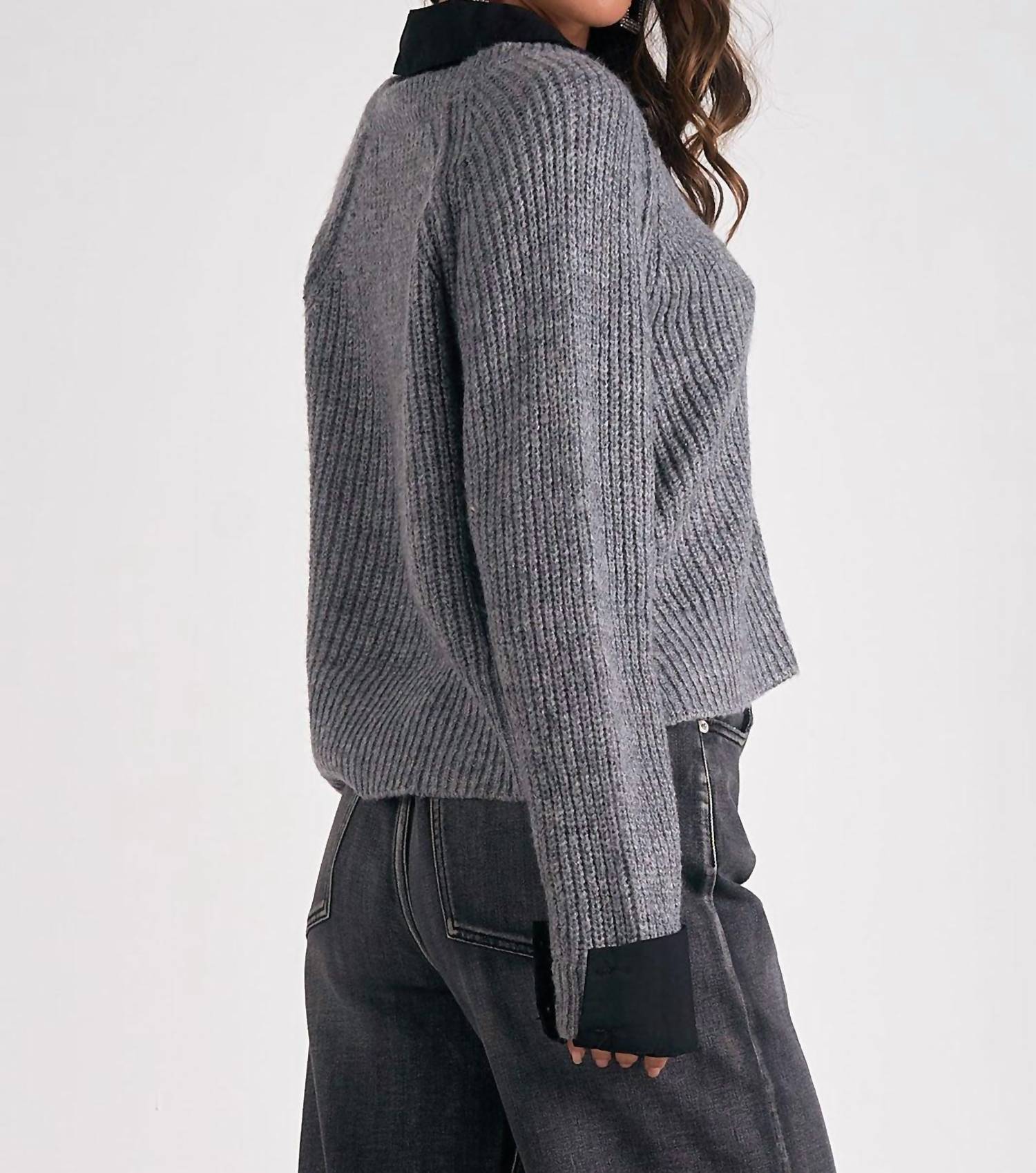 Elan - V - neck Attached Collar Sweater - acrylic - clothing - grey