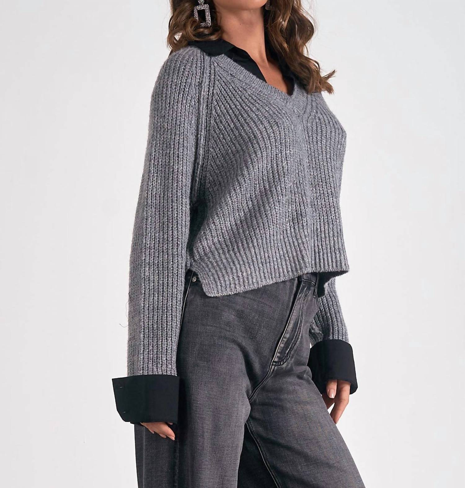 Elan - V - neck Attached Collar Sweater - acrylic - clothing - grey