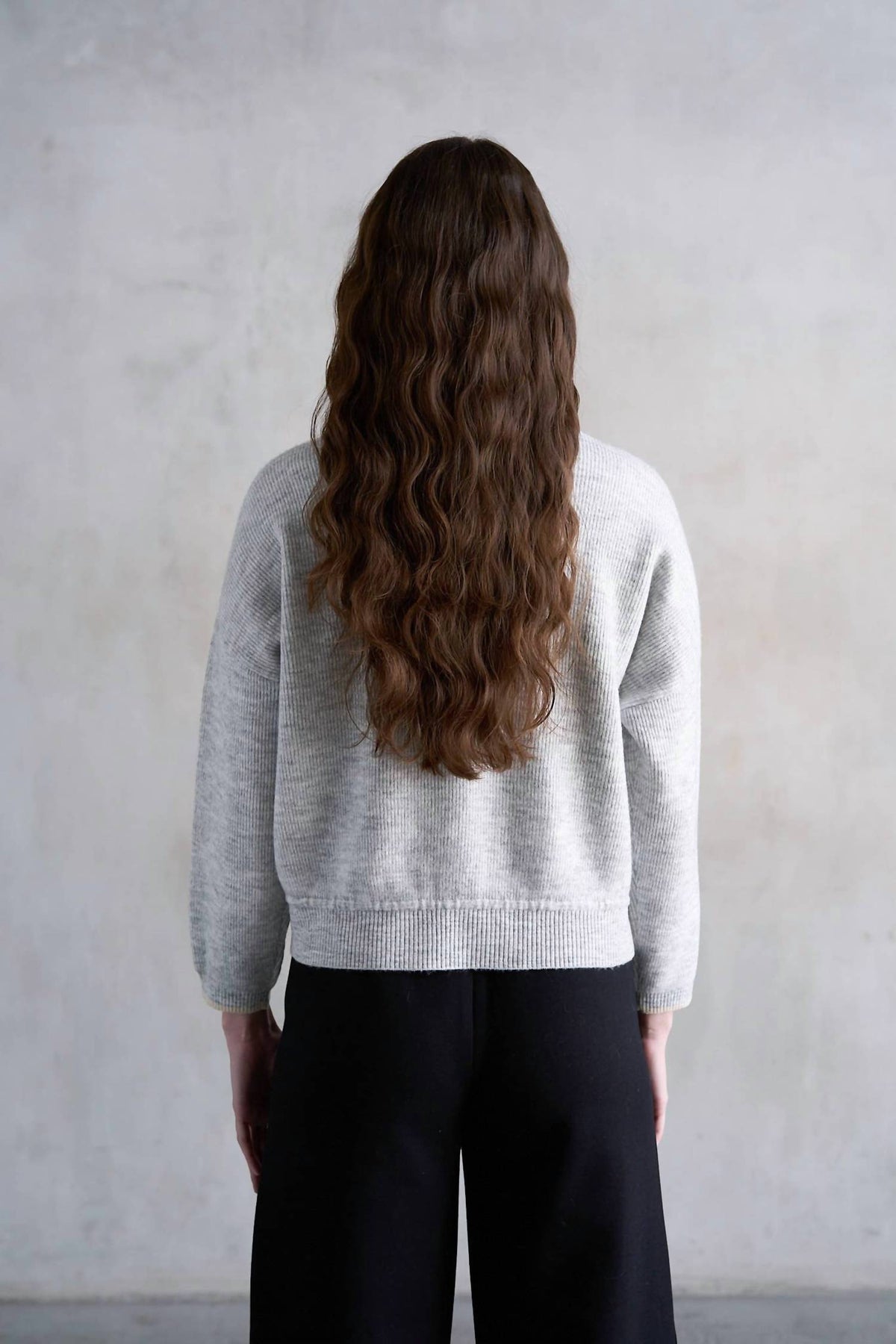 Elle Grey - Ribbed Knit Sweater with Drawstring Hem