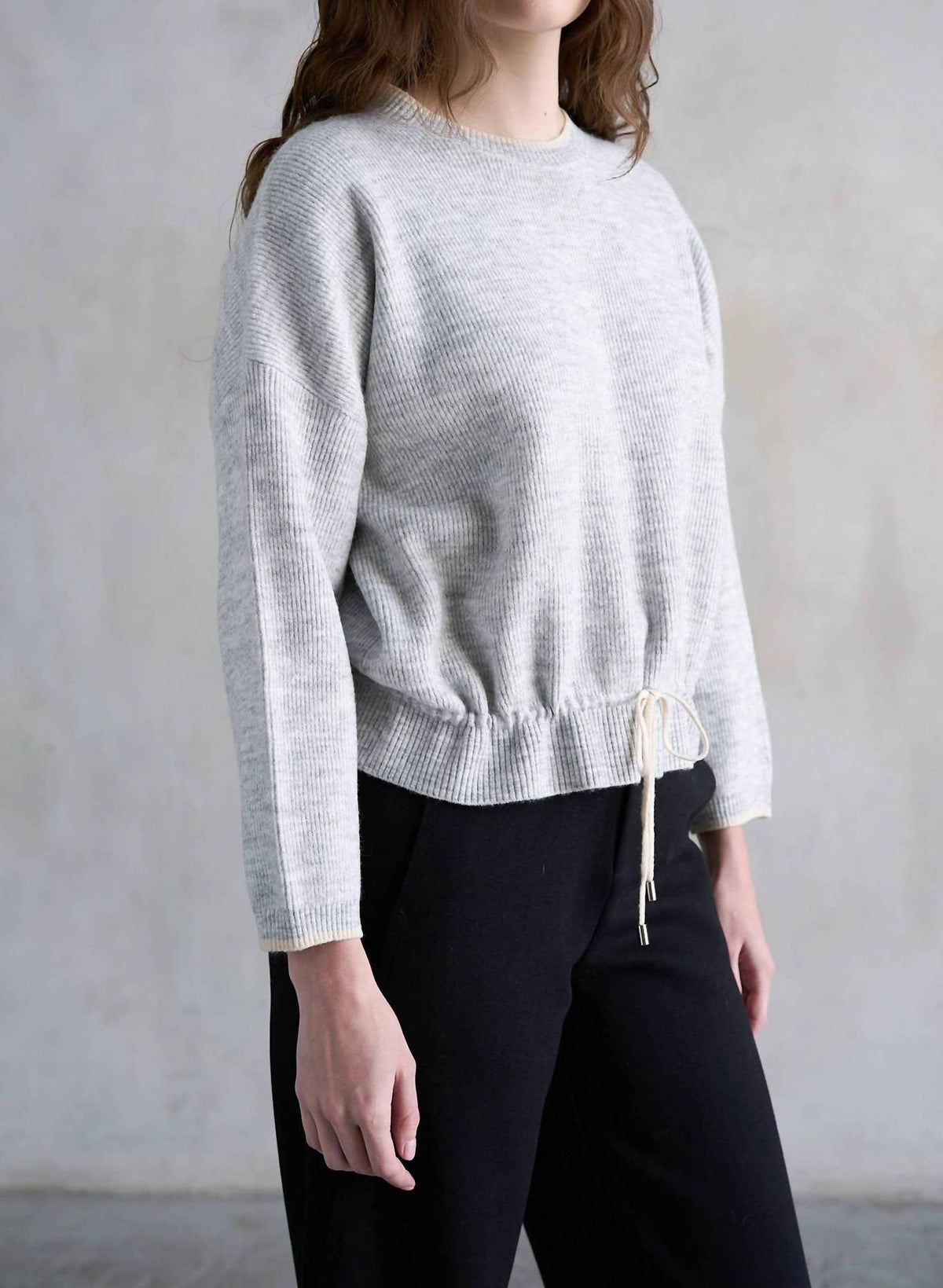 Elle Grey - Ribbed Knit Sweater with Drawstring Hem