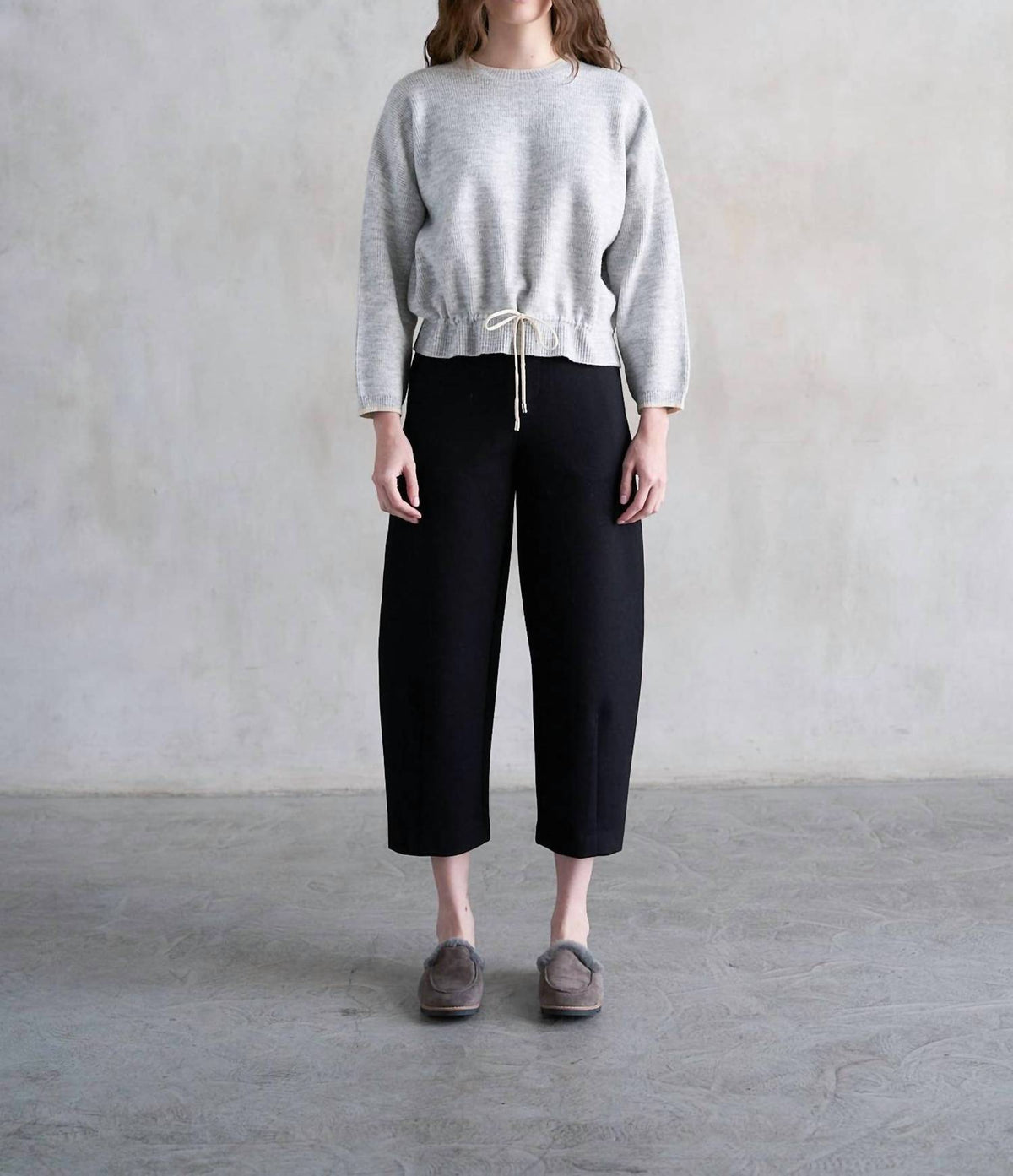 Elle Grey - Ribbed Knit Sweater with Drawstring Hem