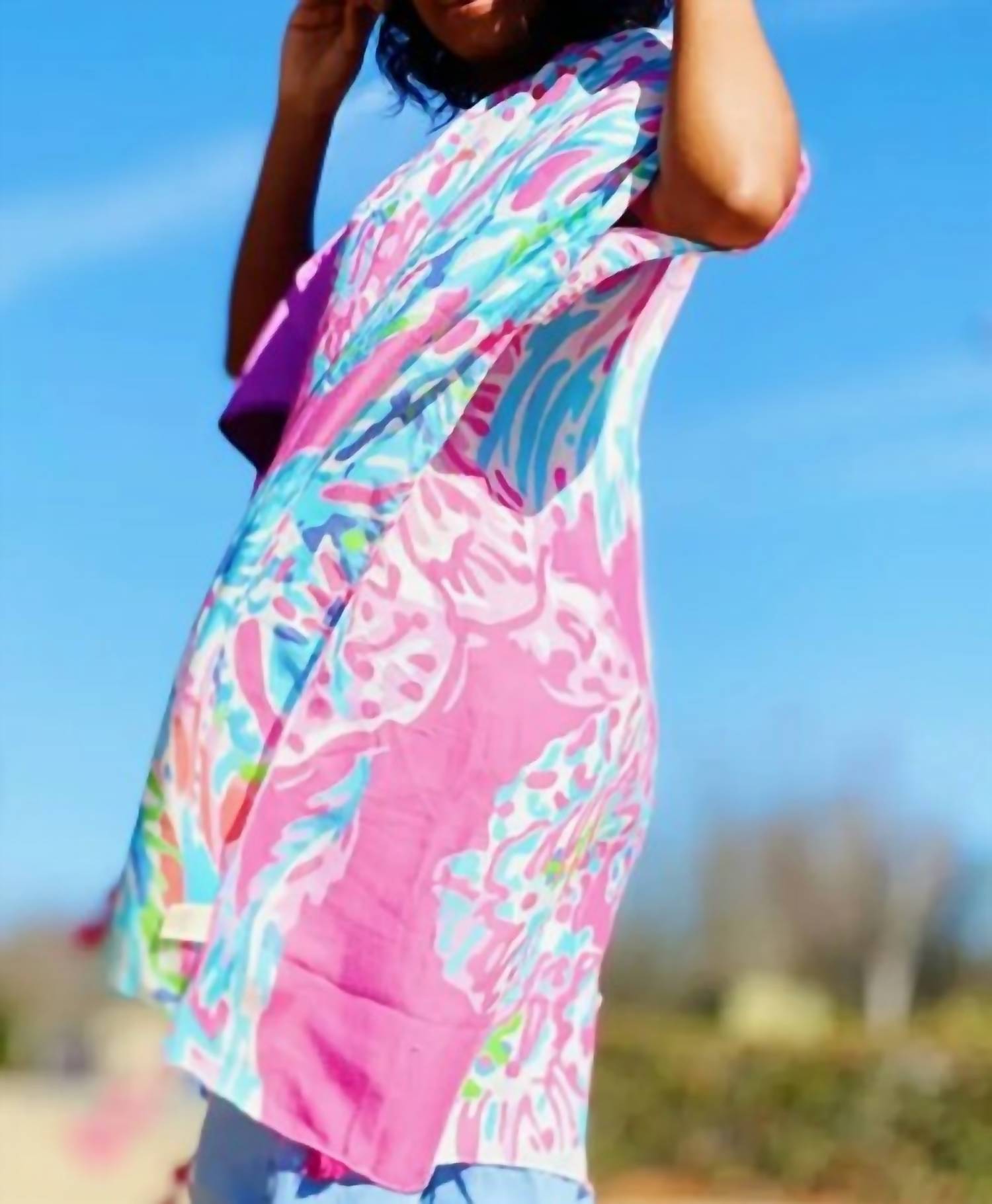 Ellison+Young - Lily Island Watercolor Boho Kimono Wrap Shawl Cover Up - accessories - pink - polyester