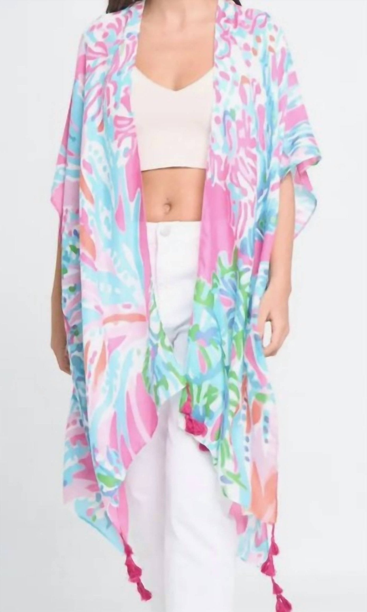Ellison+Young - Lily Island Watercolor Boho Kimono Wrap Shawl Cover Up - accessories - pink - polyester