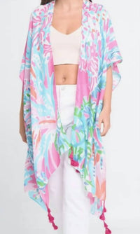 Ellison+Young - Lily Island Watercolor Boho Kimono Wrap Shawl Cover Up - accessories - pink - polyester