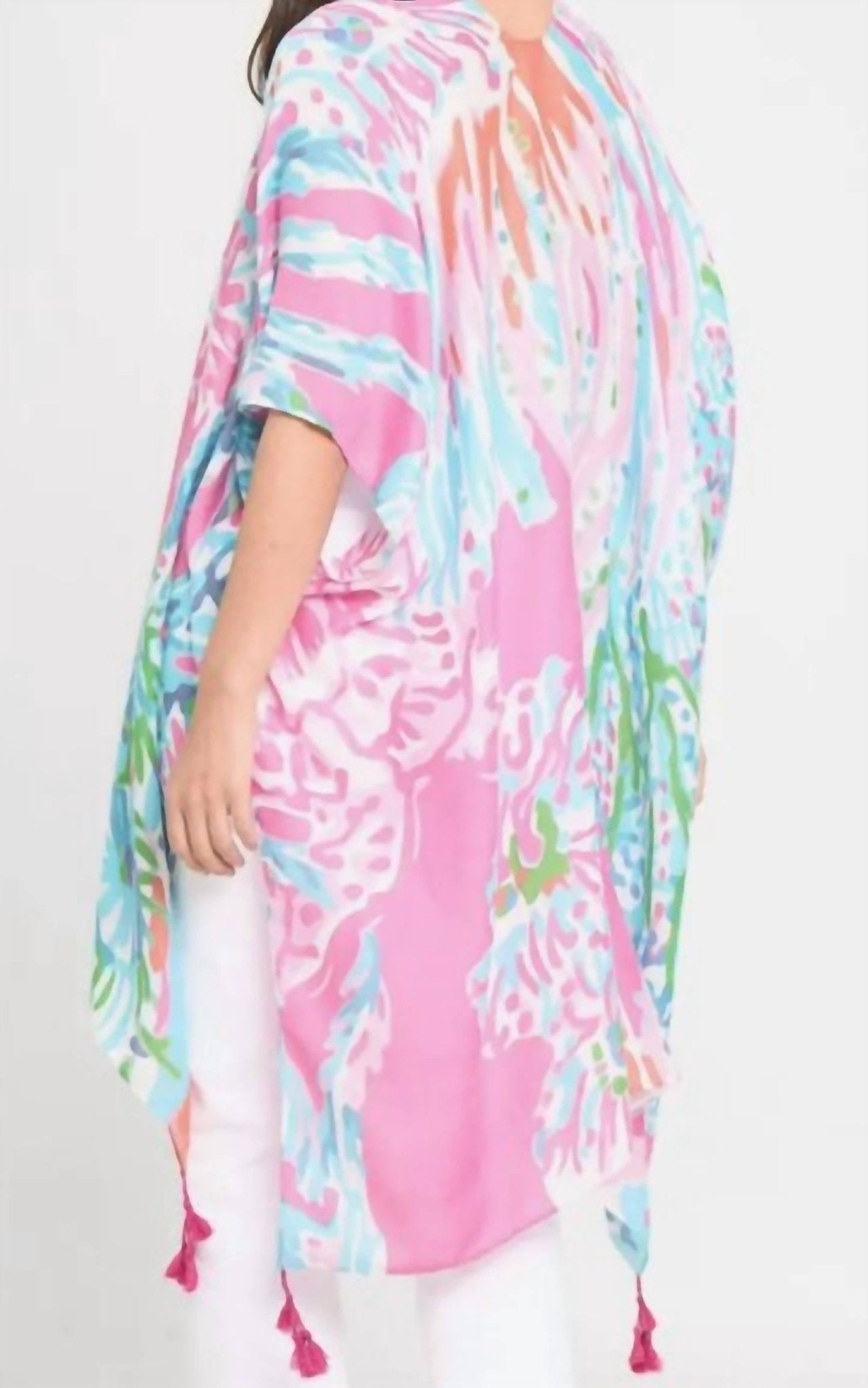 Ellison+Young - Lily Island Watercolor Boho Kimono Wrap Shawl Cover Up - accessories - pink - polyester