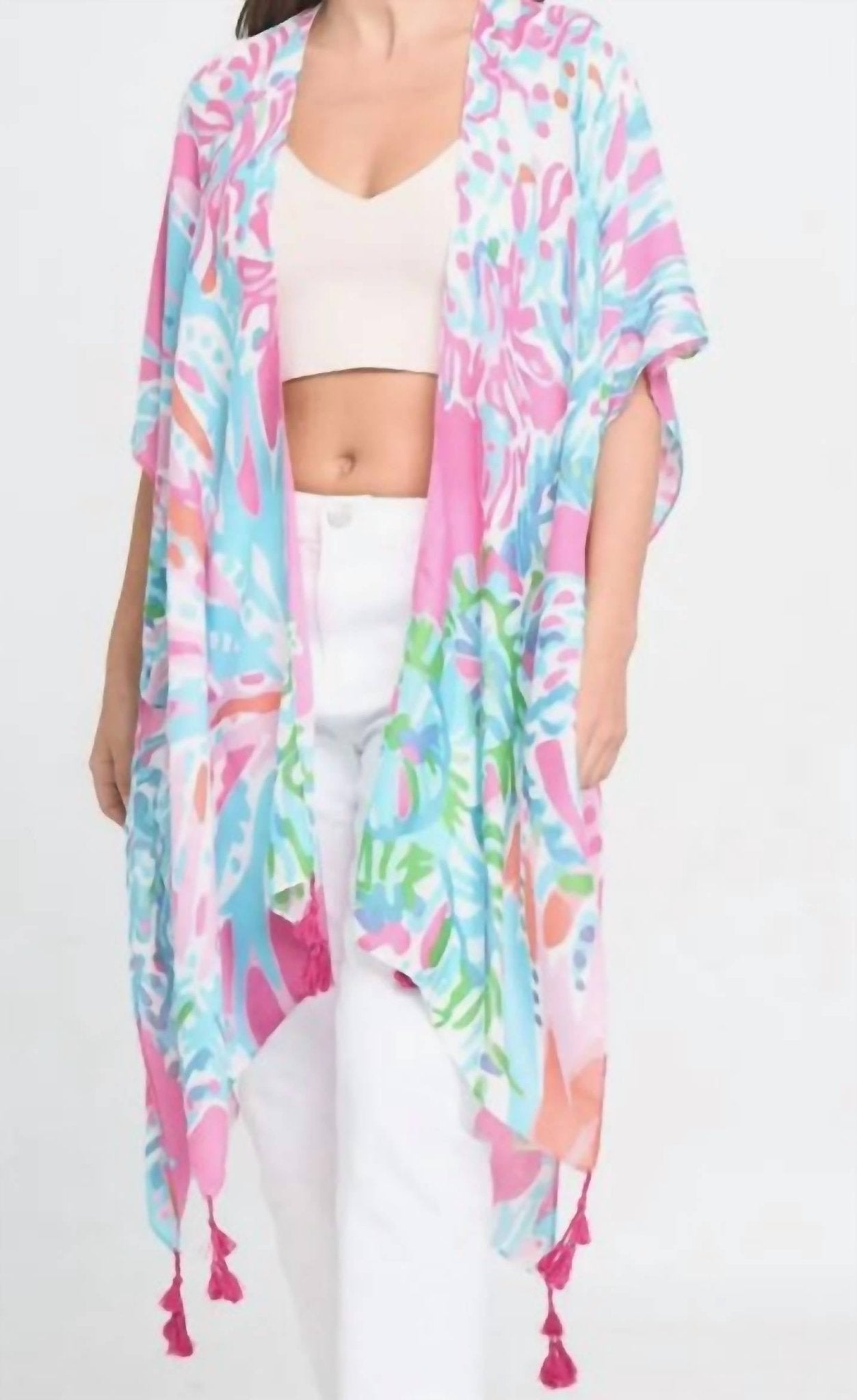 Ellison+Young - Lily Island Watercolor Boho Kimono Wrap Shawl Cover Up - accessories - pink - polyester