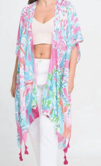 Ellison+Young - Lily Island Watercolor Boho Kimono Wrap Shawl Cover Up - accessories - pink - polyester