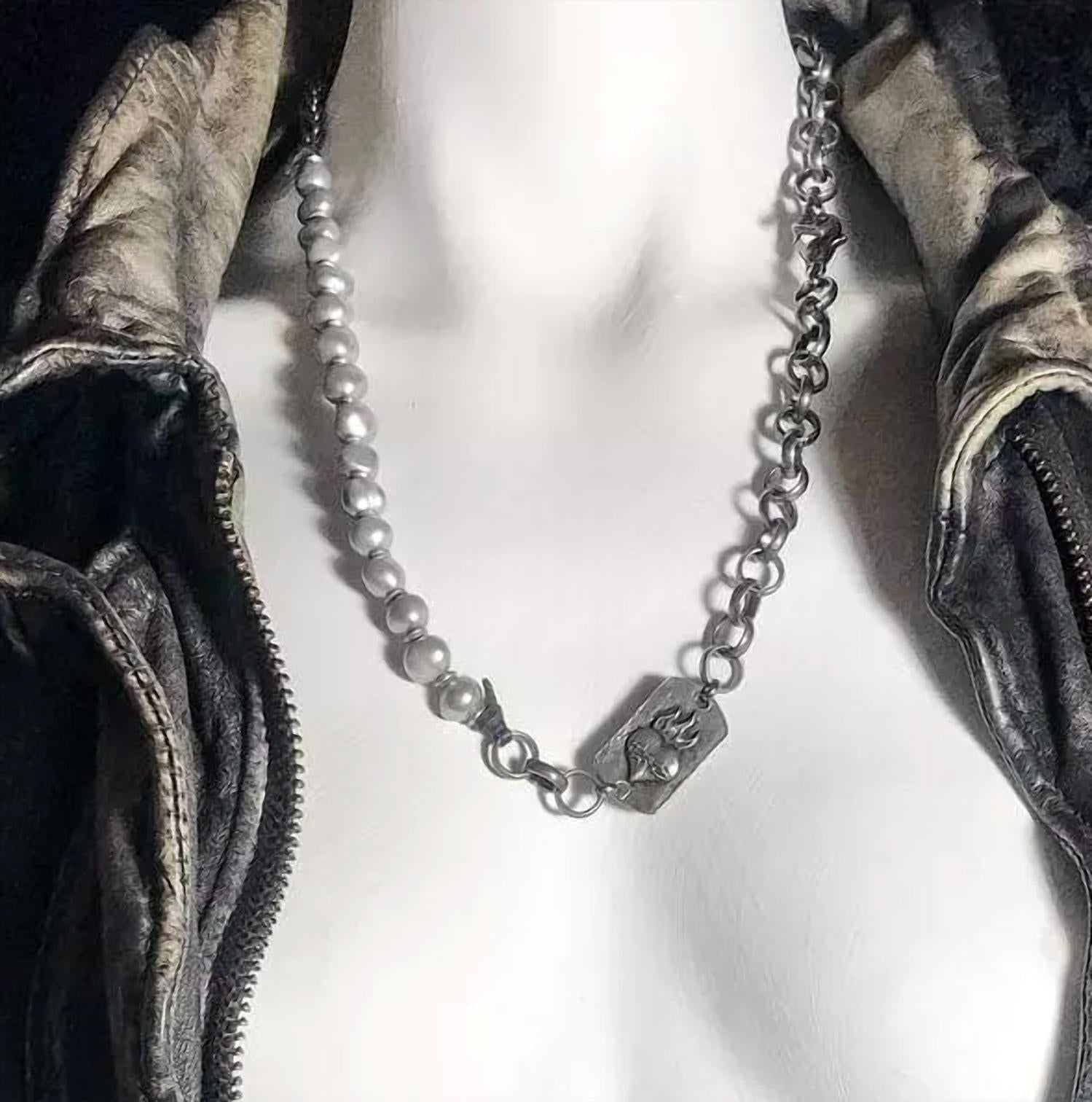 Embrazio - Gunmetal and Baroque Pearl Triple - Wrap Heart Bracelet or Matinee Necklace - jewelry - necklaces - silver