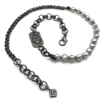 Embrazio - Gunmetal and Baroque Pearl Triple - Wrap Heart Bracelet or Matinee Necklace - jewelry - necklaces - silver