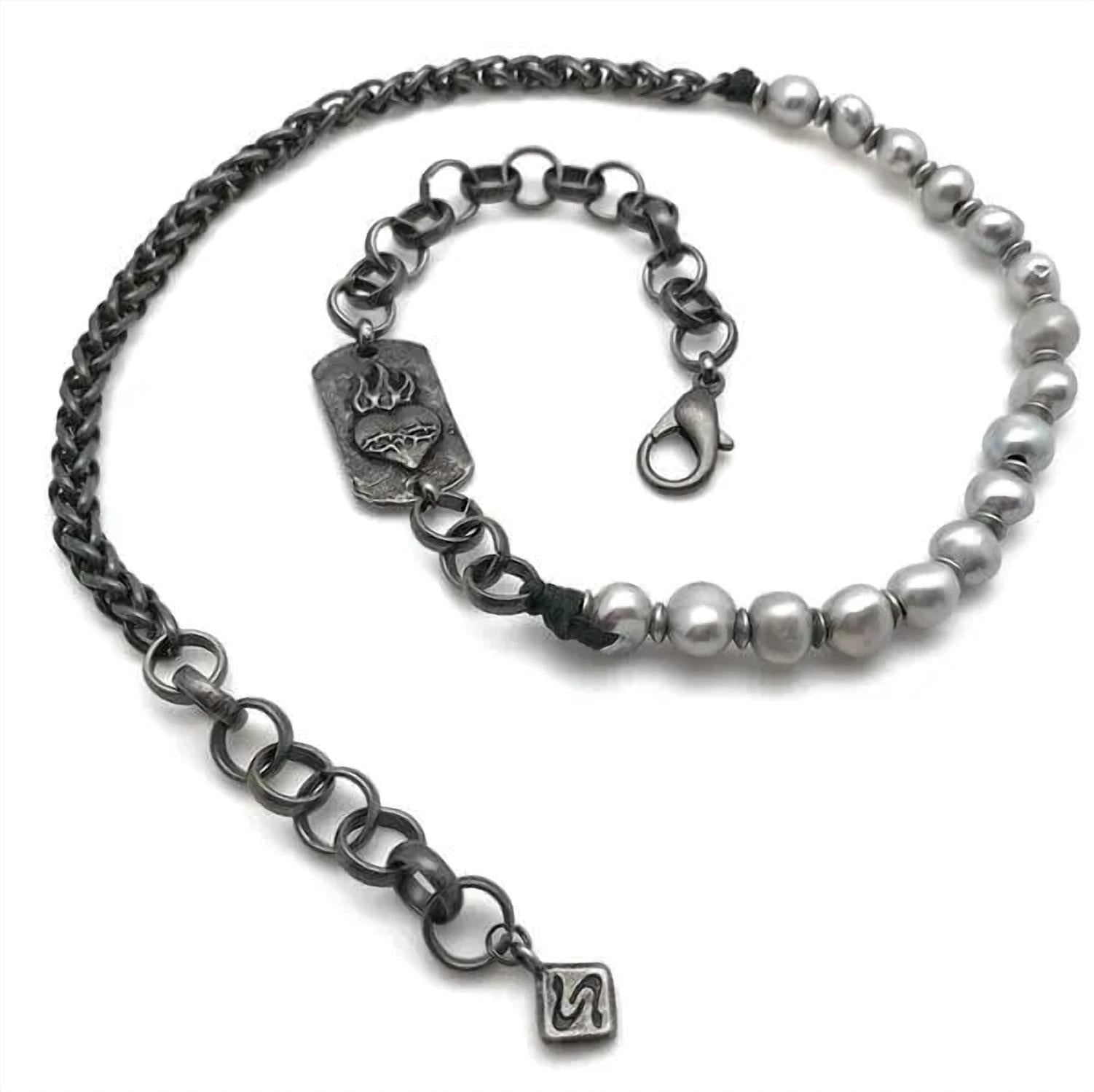 Embrazio - Gunmetal and Baroque Pearl Triple - Wrap Heart Bracelet or Matinee Necklace - jewelry - necklaces - silver