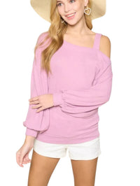 Emerald Collection - Hacci Brush Cold Shoulder Top - clothing - purple - shirts