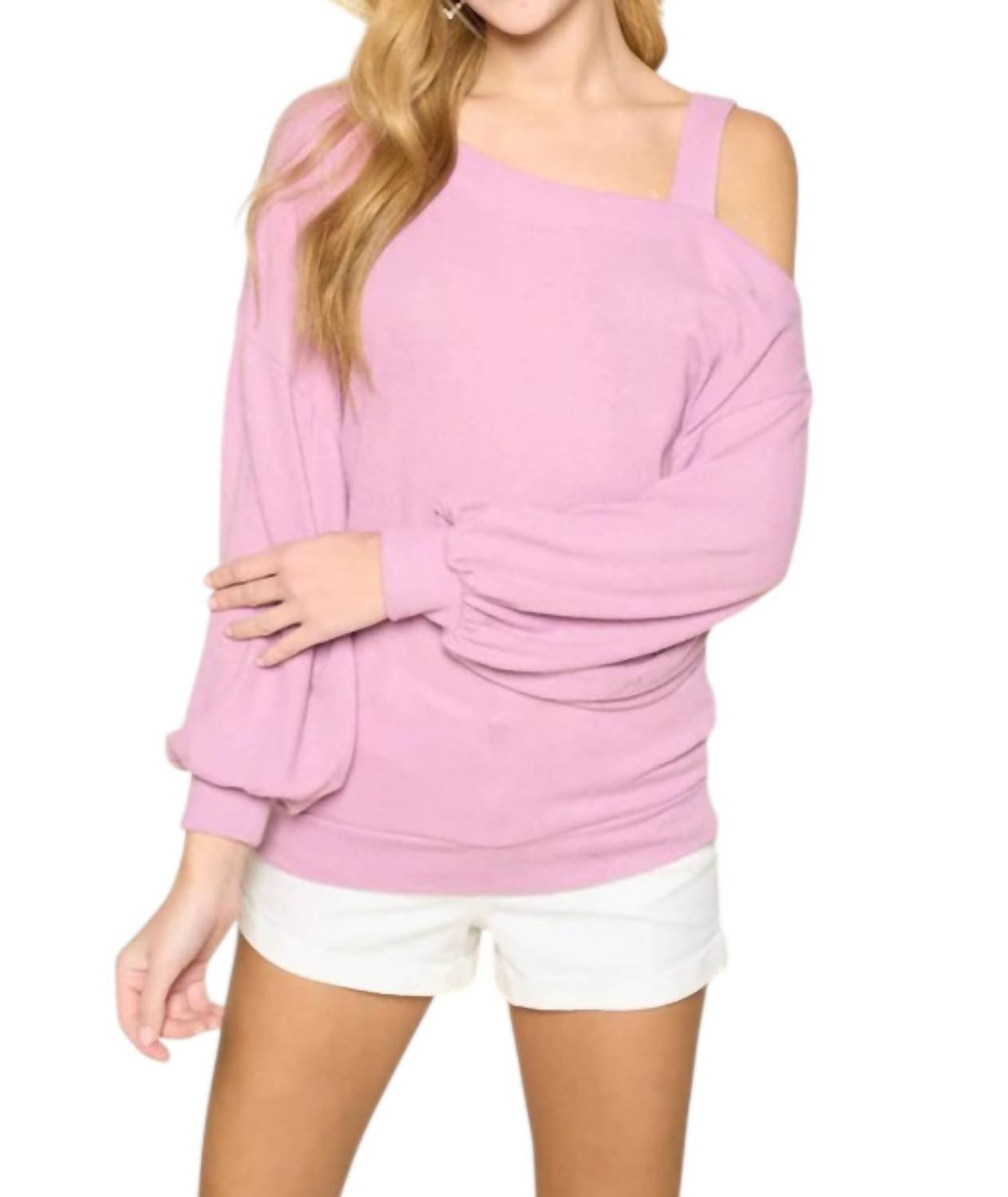Emerald Collection - Hacci Brush Cold Shoulder Top - clothing - purple - shirts
