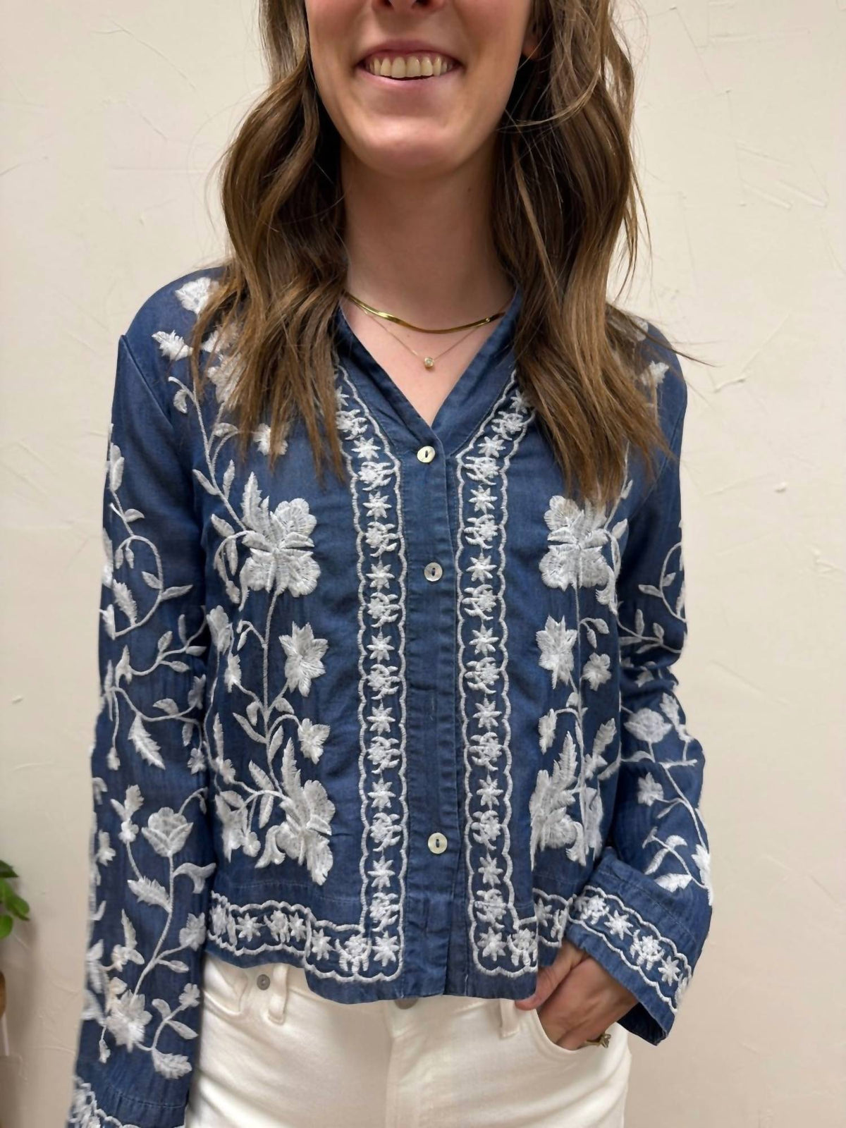 En Creme - Long Sleeve Embroidered Button Down Top