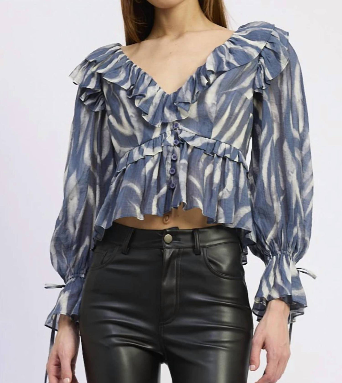 En Saison - Cypress Peplum Ruffle Slate Blouse