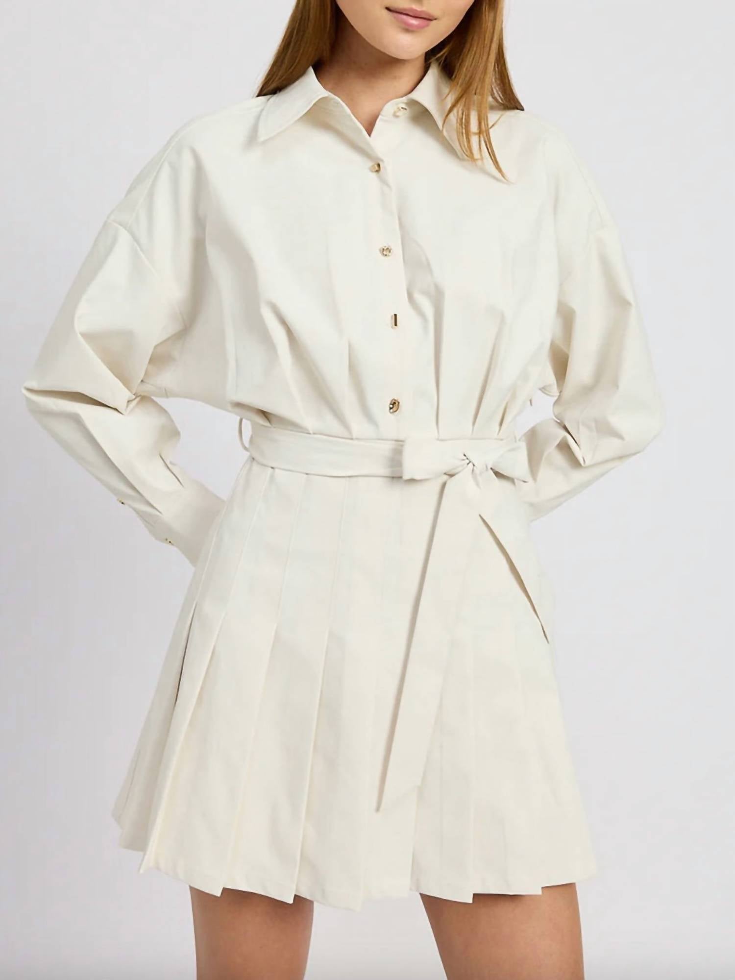 En Saison - Kindra Long Sleeve Mini Shirtdress - beige - clothing - dresses