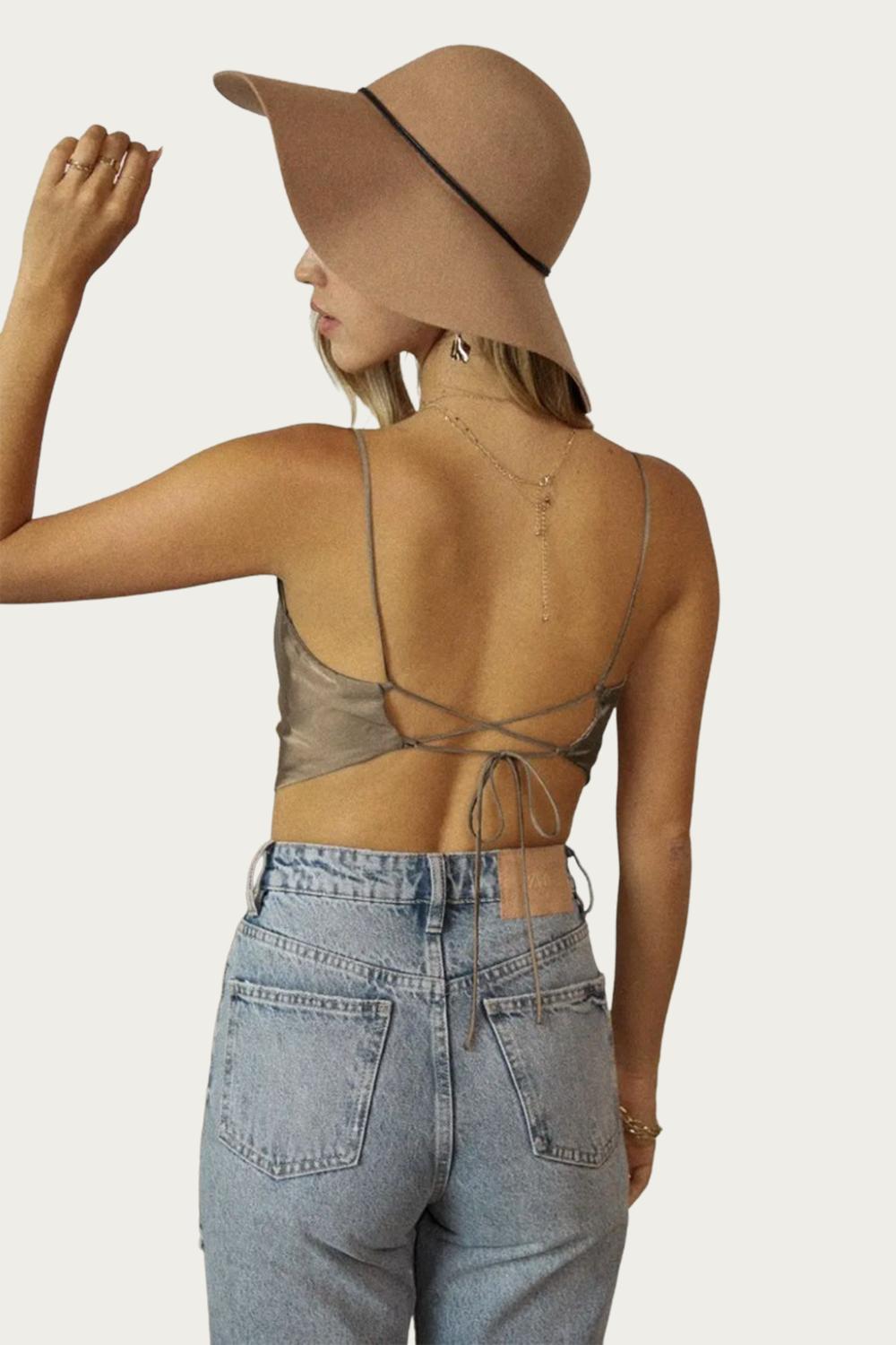 COWL CROPPED OPEN-BACK STRETCH-SATIN CAMISOLE