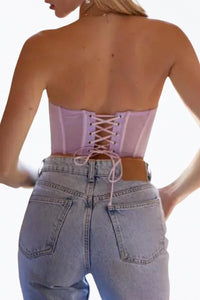 CROPPED RUCHED STRETCH-MESH SLEEVELESS BUSTIER TOP