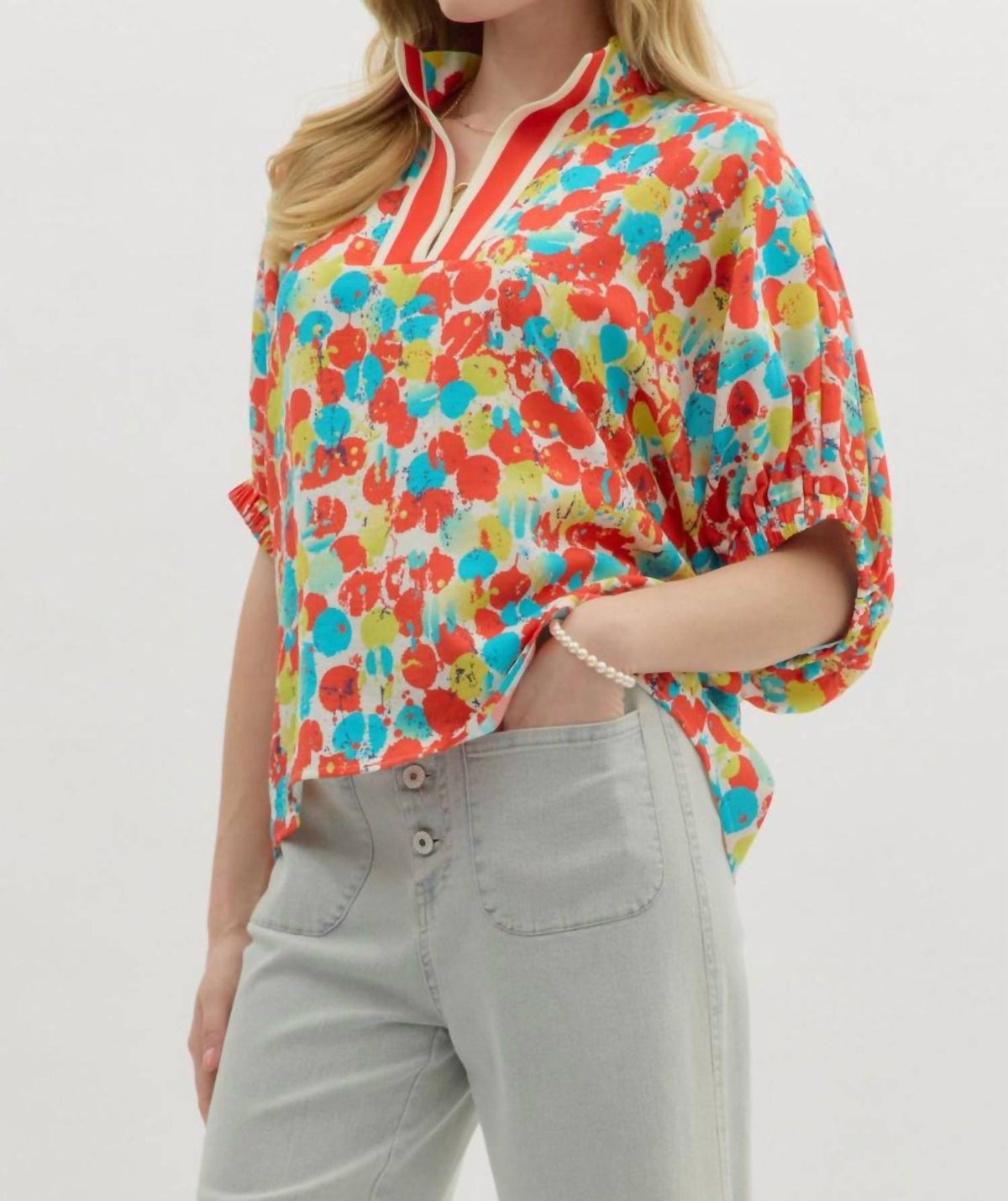 Entro - Abstract Print Dolman Sleeve Pullover Top