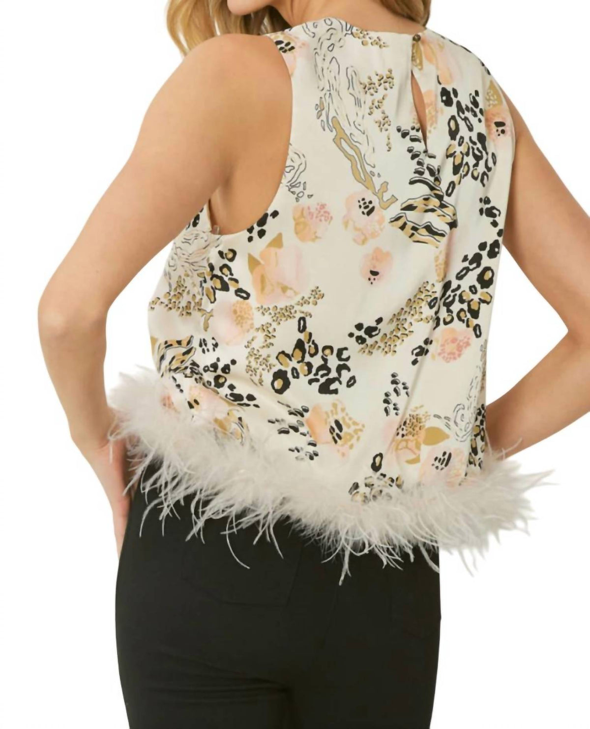 Entro - Abstract Tank Top With Feather Trim