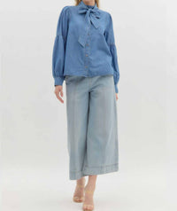 Entro - Bow Tie Blouse with Ruched Long Sleeves