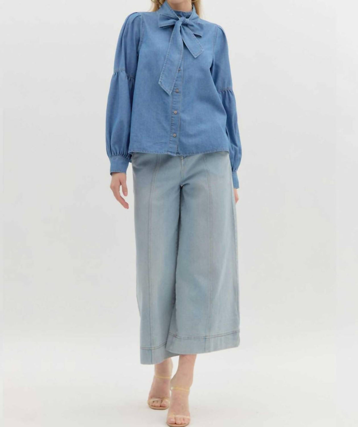 Entro - Bow Tie Blouse with Ruched Long Sleeves