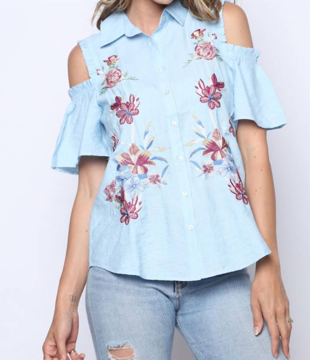 Entro - Button Down Cold Shoulder Embroidered