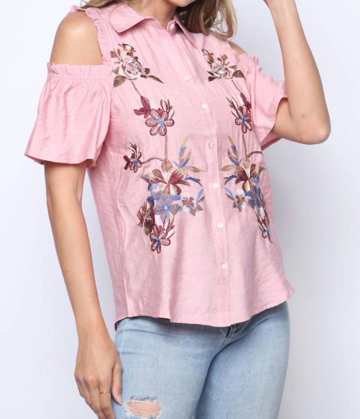Entro - Button Down Cold Shoulder Embroidered