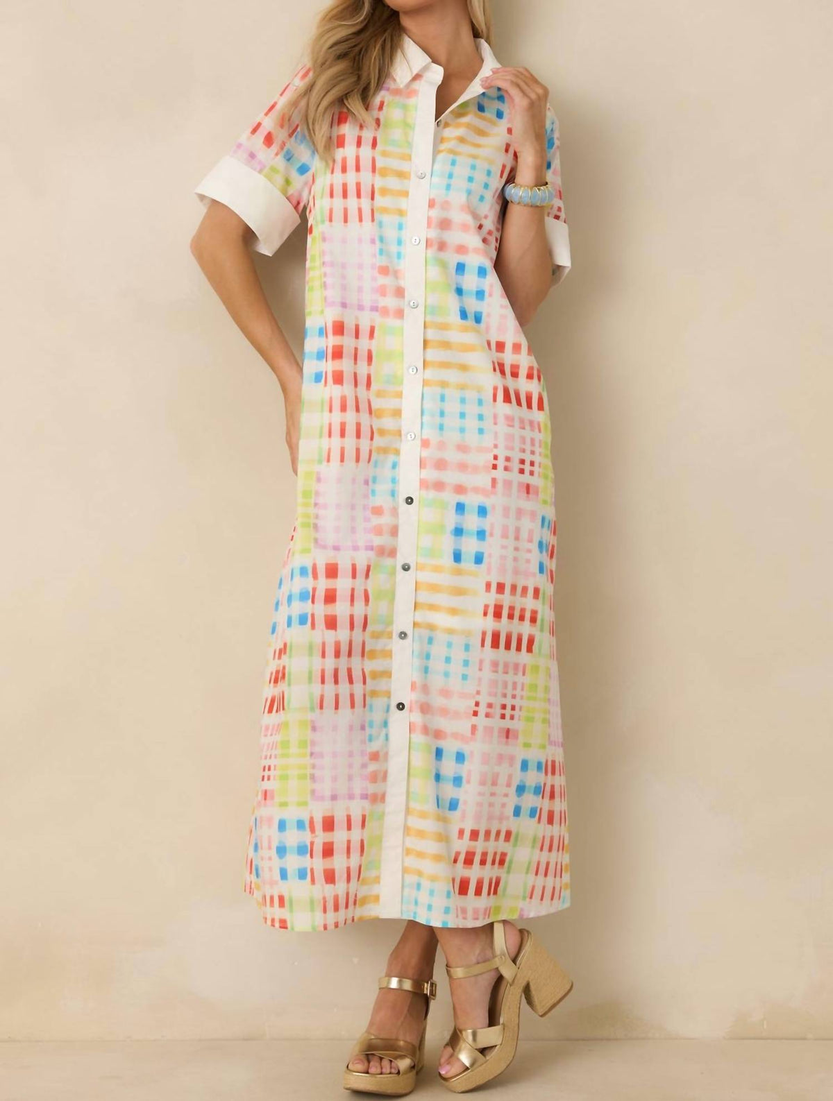 Entro - Check Button Front Maxi Shirt Dress