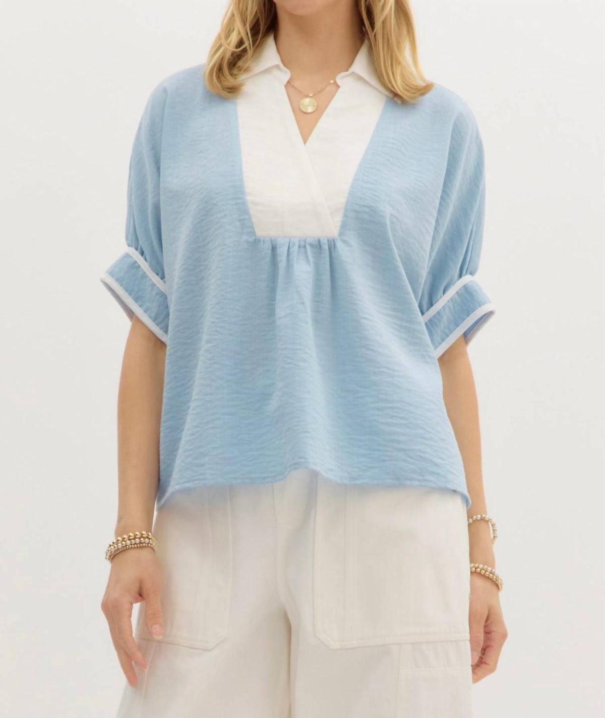 Entro - Collared Dolman Sleeve Pullover Top