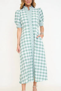 Entro - Contrast Gingham Button Down Midi Dress