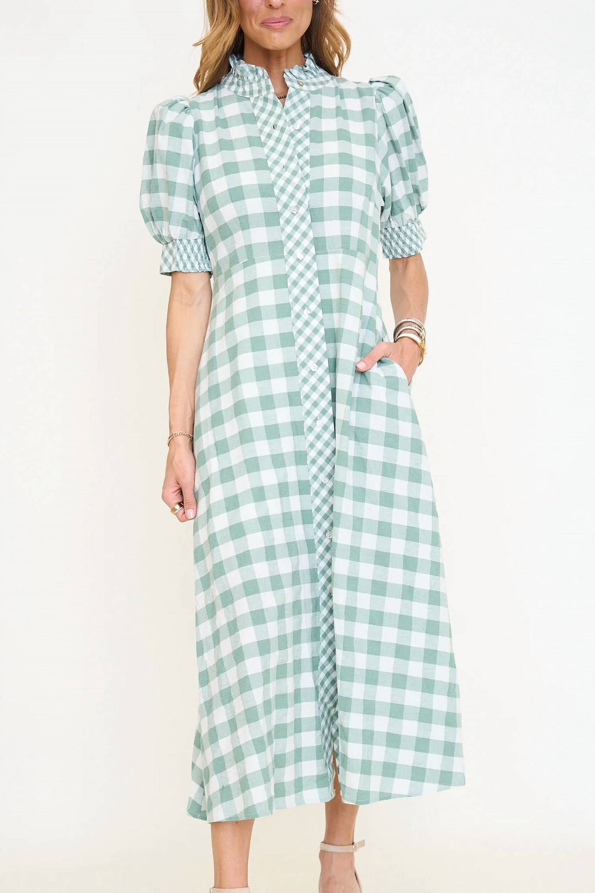 Entro - Contrast Gingham Button Down Midi Dress