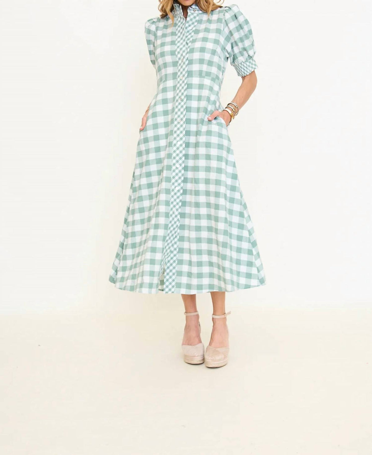 Entro - Contrast Gingham Button Down Midi Dress