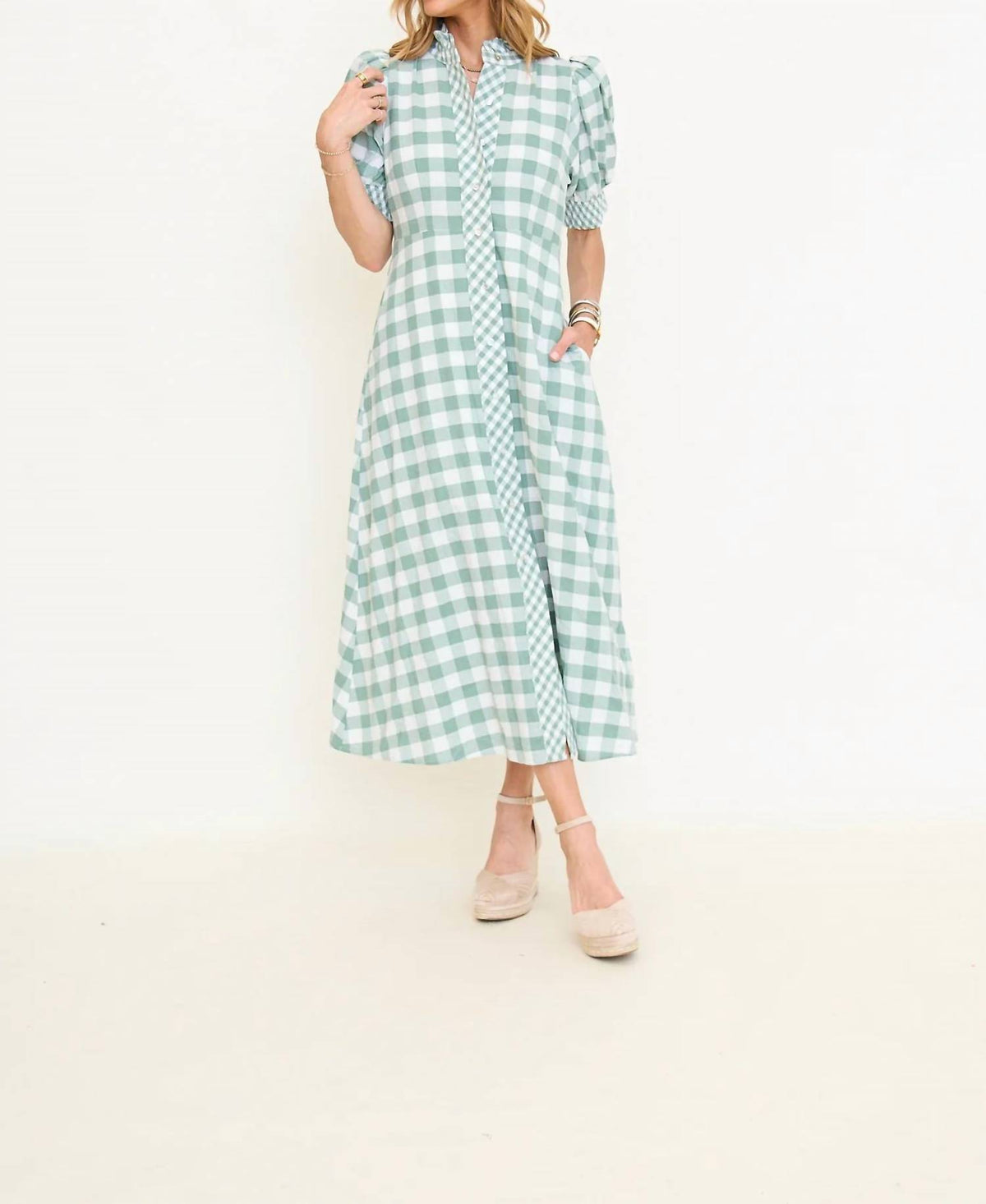 Entro - Contrast Gingham Button Down Midi Dress
